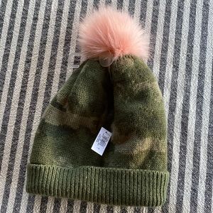 Cute Winter Camo beanie with adorable pink Pouf!